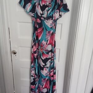 Off-Shoulder Floral Maxi Dress in Navy, Pink & Teal